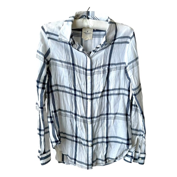 Button-up Shirt Long Sleeve White Dark Gray Plaid by American Eagle Size XS - Picture 1 of 12